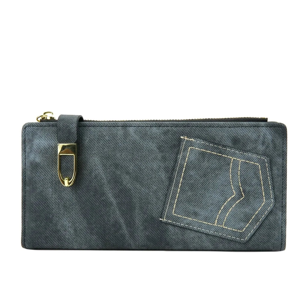 Women's Denim Style Long Zip Wallet with Card Holder Pocket