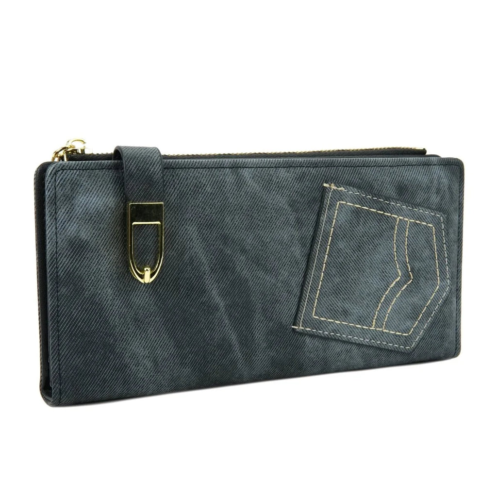 Women's Denim Style Long Zip Wallet with Card Holder Pocket