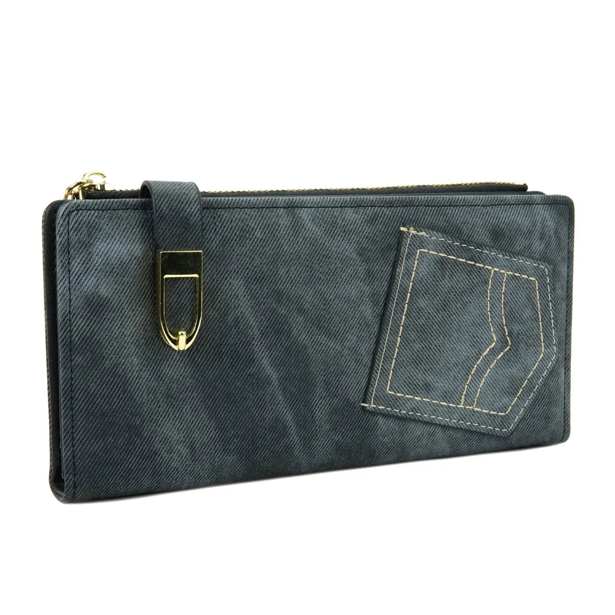 Women's Denim Style Long Zip Wallet with Card Holder Pocket